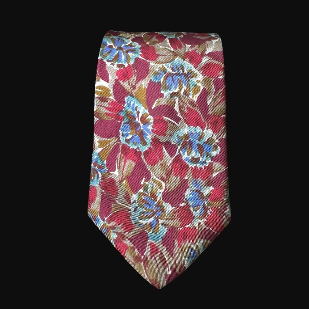 Oleg Cassini Mens Silk Tie Burgundy Blue Floral Abstract Italian Fabric